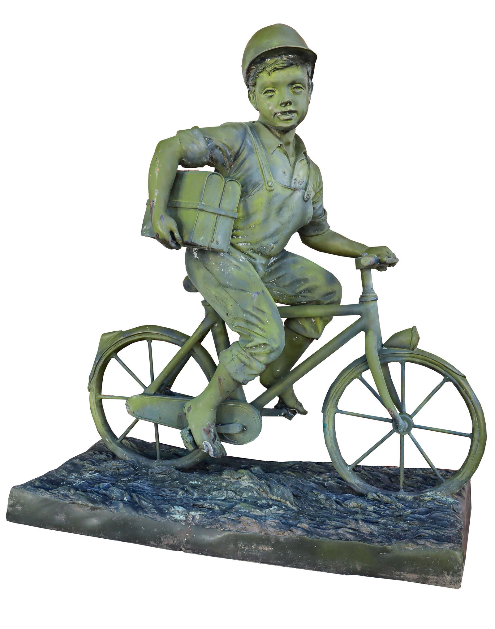 Jim DAVIDSON Bronze Boy on Bike Sculpture: Jim Davidson (American, ,B1962) cast bronze sculpture of Boy with Bike, in verdigris patina, modeled realistically, signed in base "Jim Davidson". [43" H x 39" W x 19" D]. Overall condition is good, s