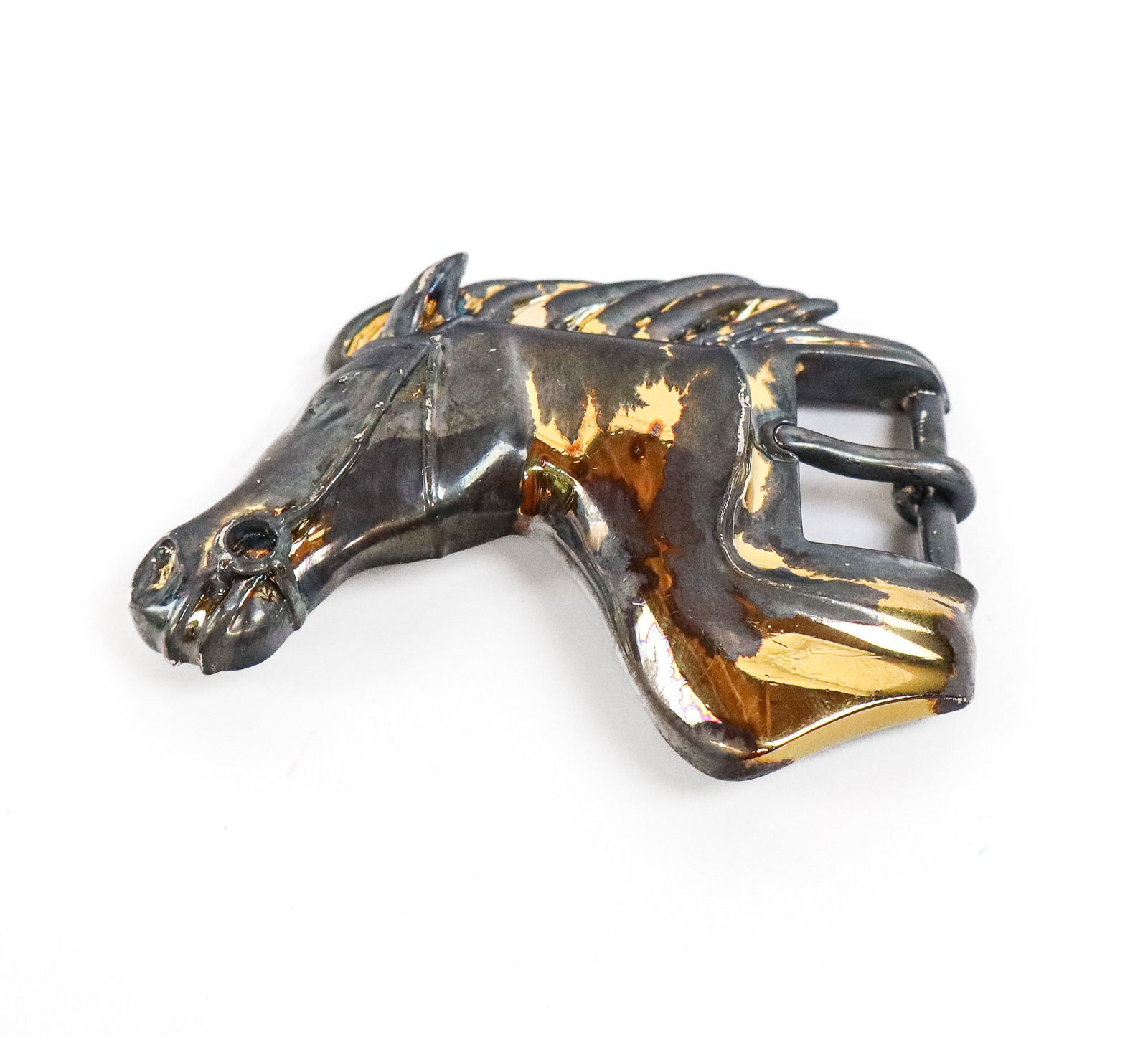 Barry Kieselstein Cord Silver Horse Belt Buckle: Barry Kieselstein Cord sterling silver horse head belt buckle, 1985, signed B. Kieselstein Cord 1985 USA 925 Sterling. [2.5 ozt., 2.5" H x 3.25" W]. Overall condition is good, tarnished.