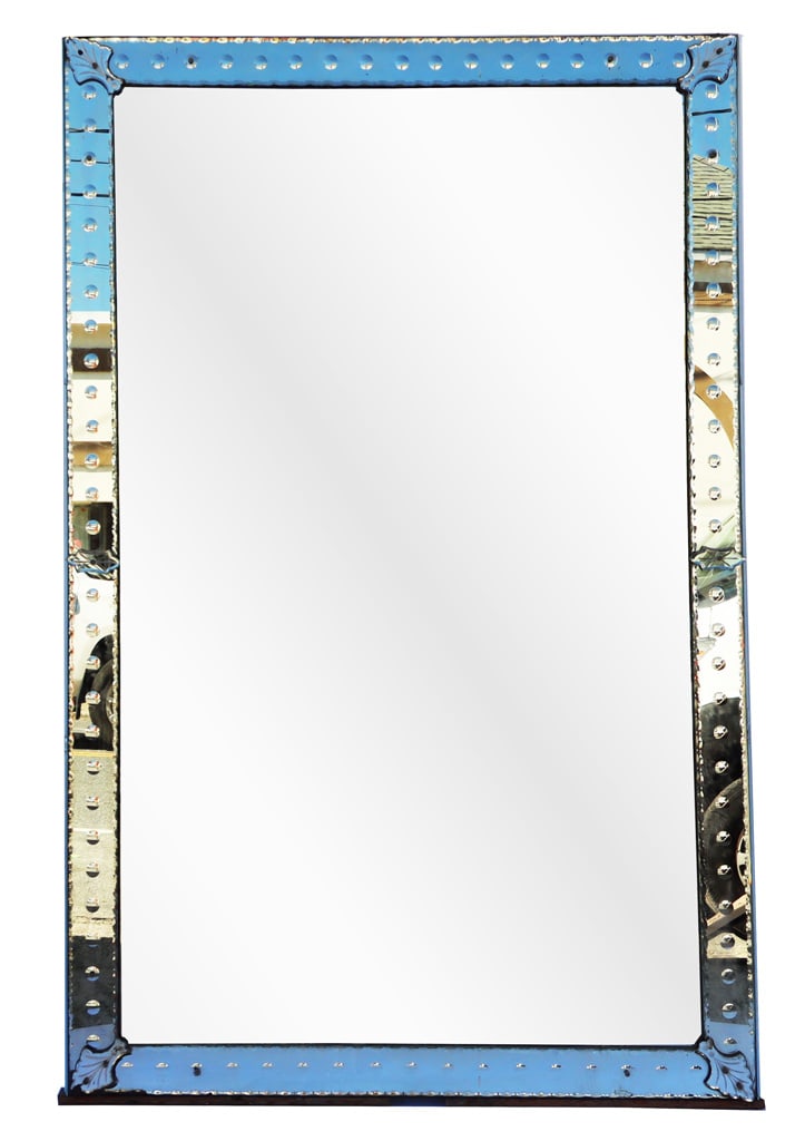 Palatial Venetian Murano Glass Mirror: Palatial Venetian Murano glass mirror, 20th century, with applied and etched cut out decoration. [74" H x 47" W]. Condition is good with some minor chips.