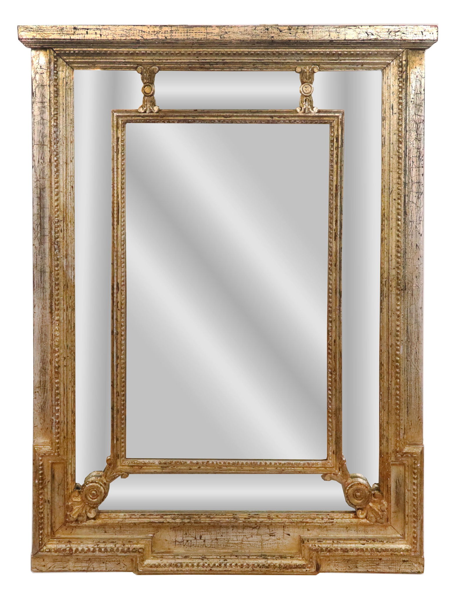 Italian Neoclassical Carved and Silvered Mirror: Italian neoclassical carved and silvered wall mirror. [48" x 34" W]. Overall condition is good, bottom right with pink paint splatter, some age cracks and wear commensurate with age.