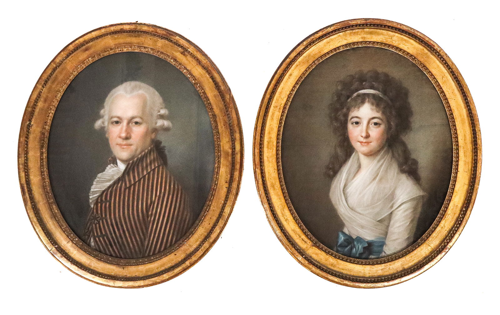 John RUSSEL Manner, Two Pastel Portraits: Two portraits in the manner of John Russell (English, 1745-1806) in pastel, comprising a portrait of a gentleman and a portrait of a lady, 18th/19th century, with each figure dressed in period garment