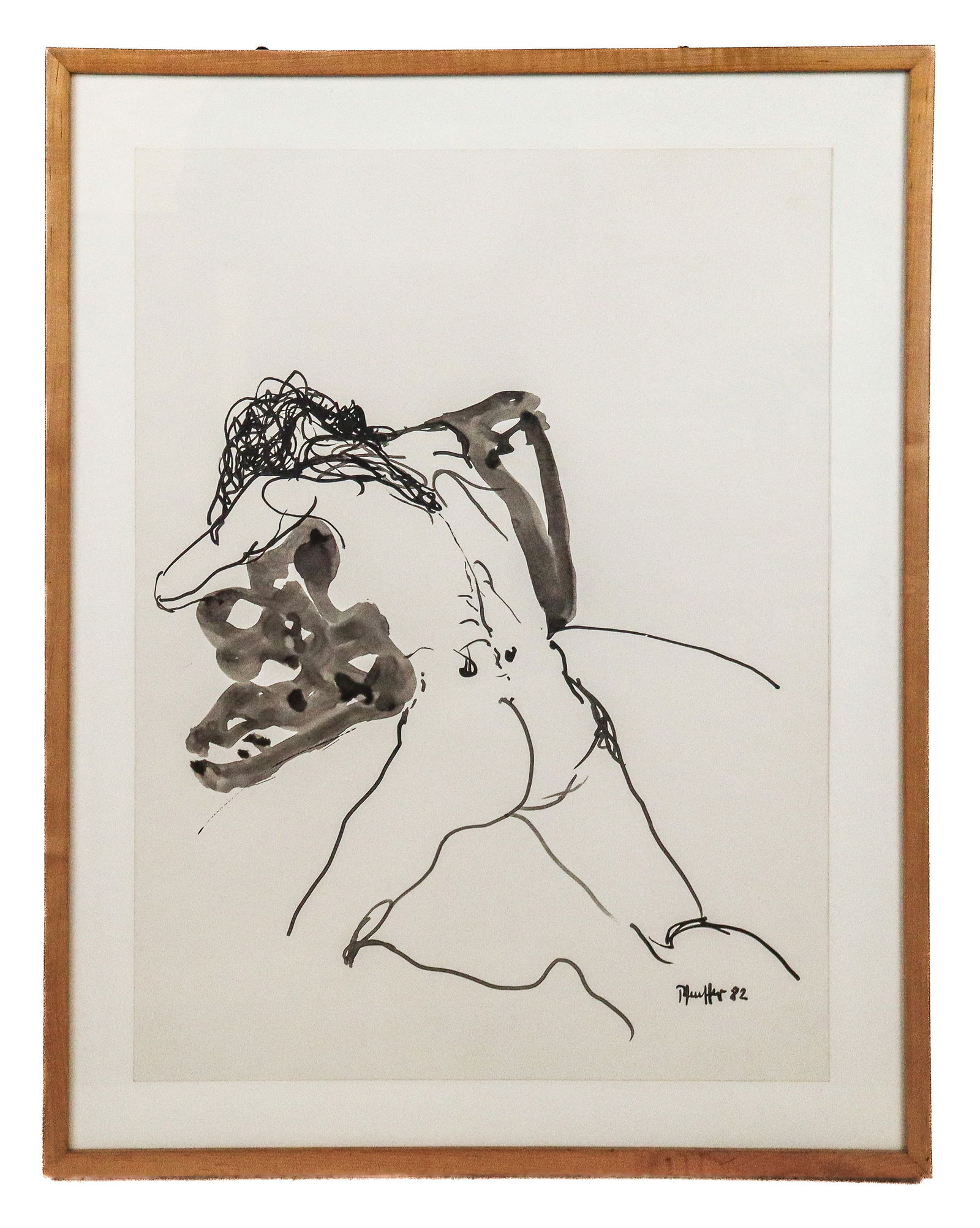 Helmut PFEUFFER "Untitled" Ink on Paper Nude: Helmut Pfeuffer (German, b. 1933) "Untitled" ink on paper nude, 1982, in a frame, signed Pfeuffer to lower right with date, and with a label from De Rempich Gallery to verso. [Framed: 29" H x 22.5" W]