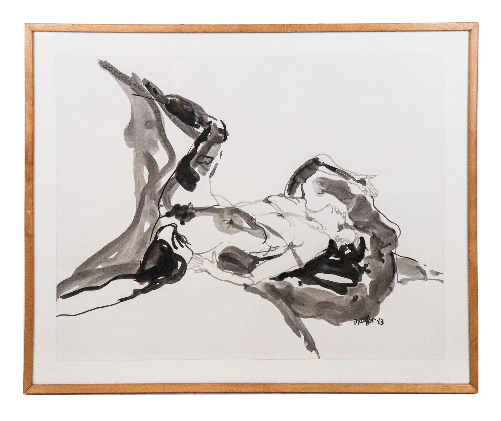 Helmut PFEUFFER "Nude" Ink on Paper: Helmut Pfeuffer (German, b. 1933) "Nude" ink on paper nude, 1983, in a frame, signed Pfeuffer to lower right with date, and with a label from De Rempich Gallery to verso. [Framed: 29" H x 35" W]. Cond