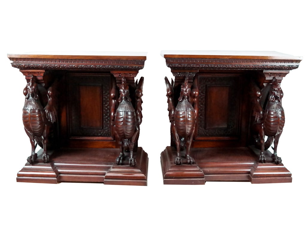 Pair of Antique Allegorical Ornate Stands: Pair of 19th century mahogany carved Gye-Lyong, the Korean Cockatrice mythical hybrid beast-form stands. [35" H x 36" W x 22" D]. Minor losses.