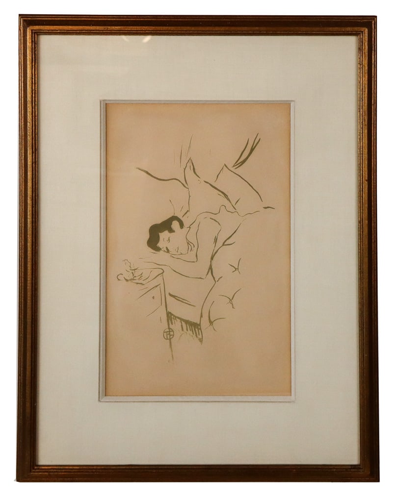 Henri TOULOUSE-LAUTREC "Ta Bouche" Lithograph: Henri TOULOUSE-LAUTREC "Ta Bouche" lithograph, fifth title from the suite Les Veilles histories. First state, olive green coloring on tanned paper. Circa 1890's. Comparables listed on back, similar