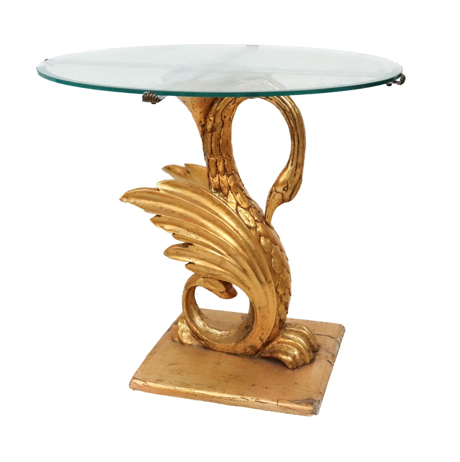 Palladio Neoclassical Carved & Gilt Swan Table: Palladio Neoclassical carved and gilt wood table, Italy, 20th century, in the form of a swan, mounted with a beveled glass top with brass accents to upper, marked to upper under glass . [21.5" H x 24"