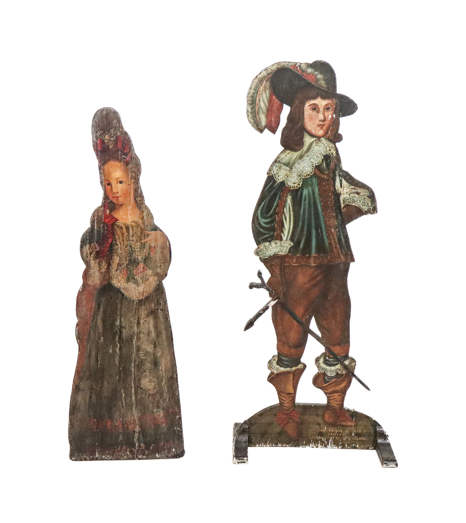 Two Antique Figural Dummy Boards: Two antique figural dummy boards, depicting King Charles Il's daughter Princess Mary and William Prince of Orange. [49" H x 22" W x 9.5" D]. With losses, some repairs throughout.