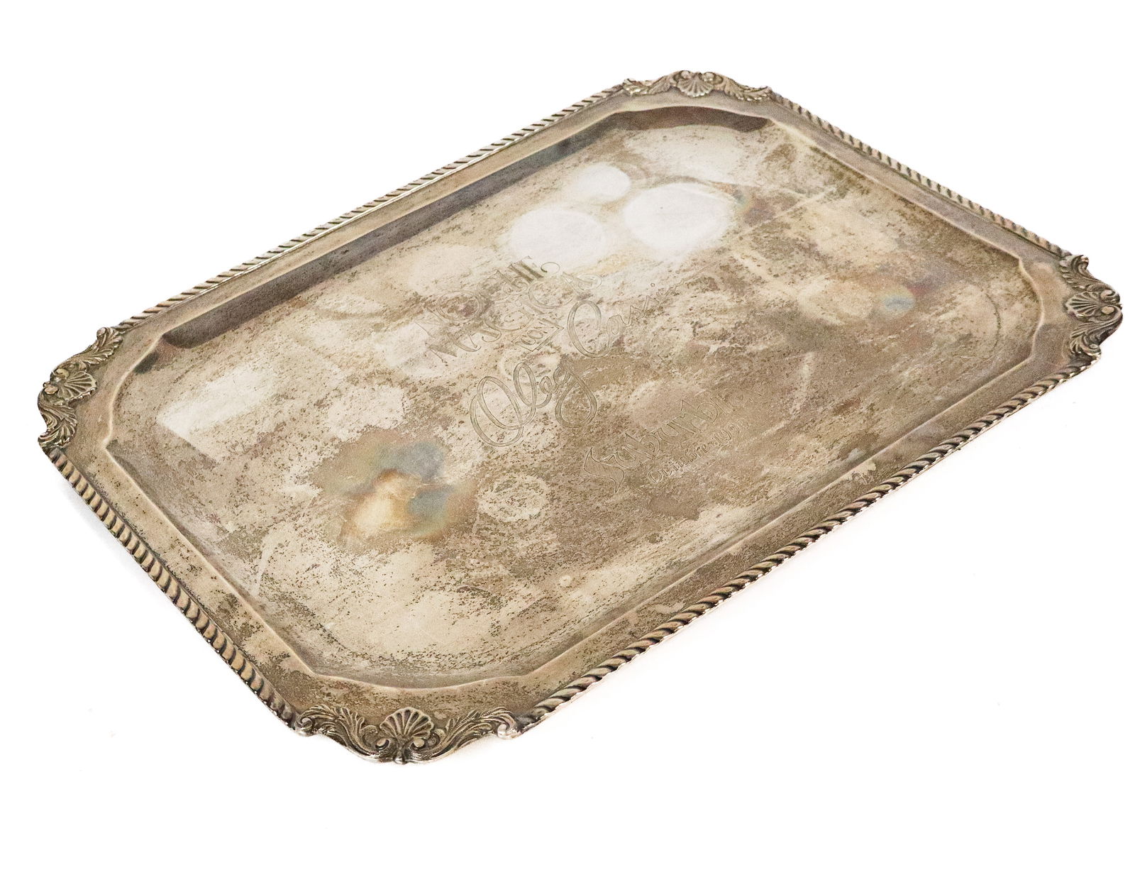 Villa Sterling Silver Tray: Villa sterling silver commemorative tray, Mexican, inscribed "Noche Magica con Oleg Cassini Suburbia October 1990", marked on reverse. [32 ozt., 16" L x 12" W]. Overall condition is good, tarnished.