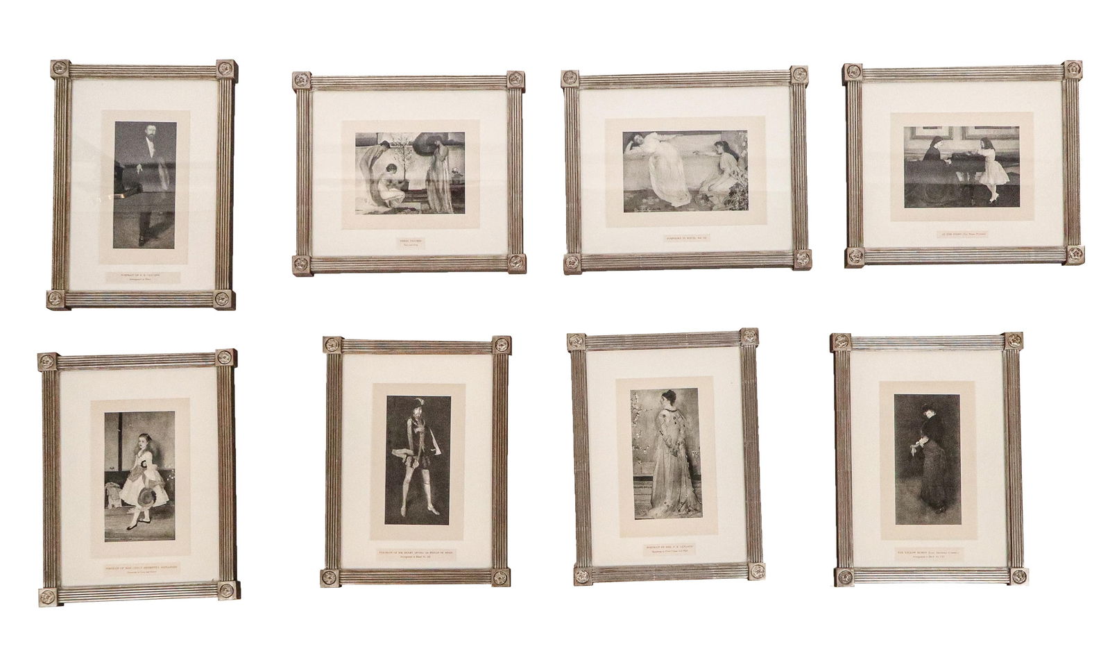 Eight Framed Prints After James McNeill Whistler: Set of eight black and white framed prints related to works by James McNeill Whistler, comprising "The Yellow Buskin (Lady Archibald Campbell)", "Portrait of Mrs. F. R. Leyland", Symphony in White, No