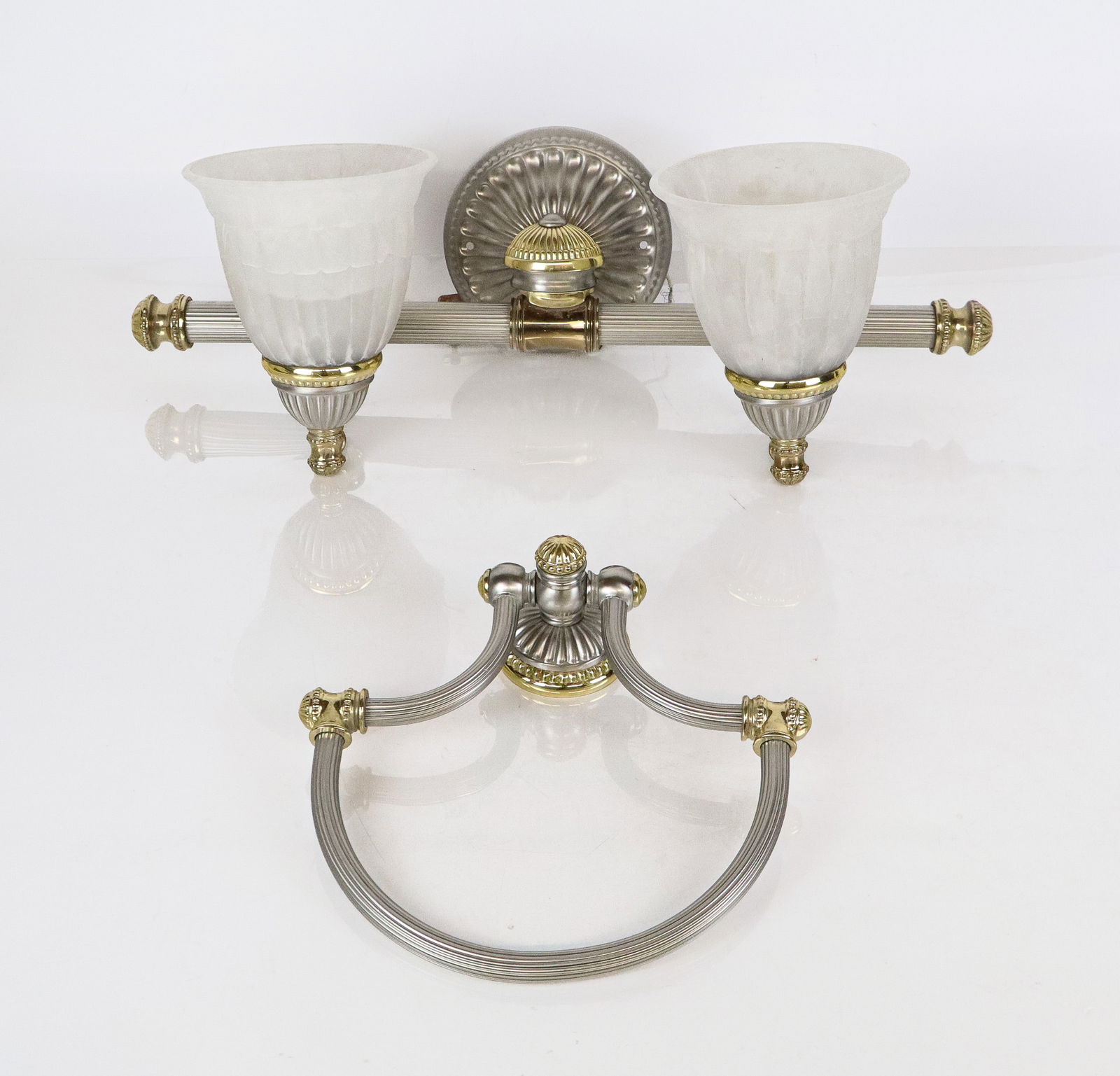 Pasquale Miranda Lighting Fixture & Towel Rack: Pasquale Miranda for Feiss Industries metal and frosted glass two light wall fixture and towel rack en suite, light bearing label. [Light fixture without shades: 7" H x 20" L x 7" D, Shades: 4.5" H x