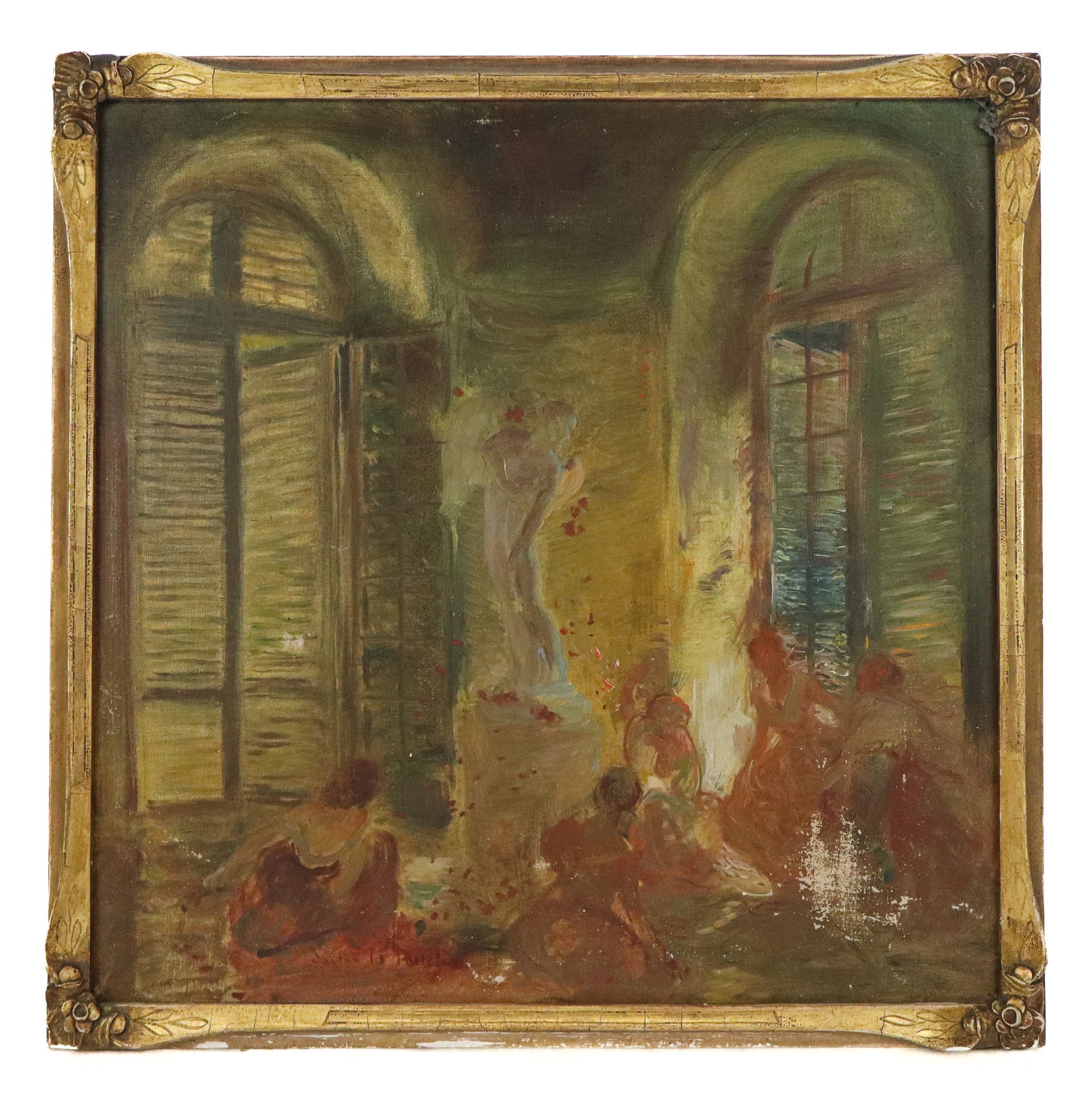 Walter GAY Attributed Oil on Canvas Interior Scene: Walter Gay (American 1856-1937) oil on canvas interior scene, with a stature surrounded by figures, labeled illegibly to lower left center and with a later attribution label to verso, in a gilt frame.