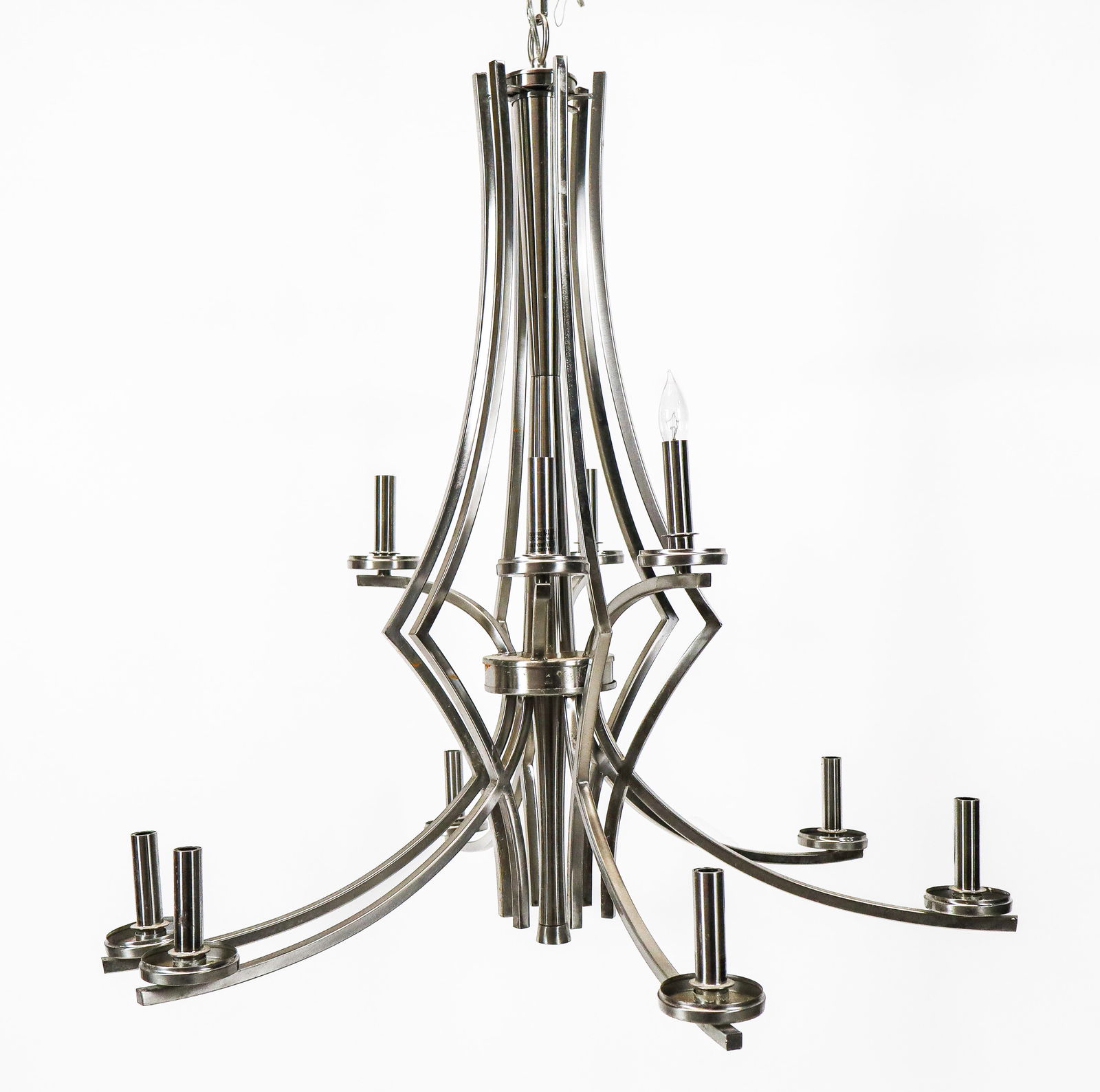 Modern Chromed Ten-Arm Chandelier: Modern chromed ten arm chandelier, modernist angular supports and arms with four upper lights and six lower and wider lights. [34" H x 32" diameter]. Some residue.