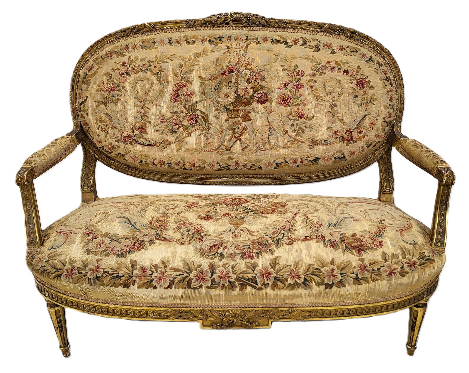 Louis XVI Aubusson Upholstered Settee: Louis XVI Aubusson upholstered settee, 19th century, with ribbon and acanthus leaf carved and gilt frame with open arms, back, seat and arm pads upholstered in custom Aubusson fabric, carved connected