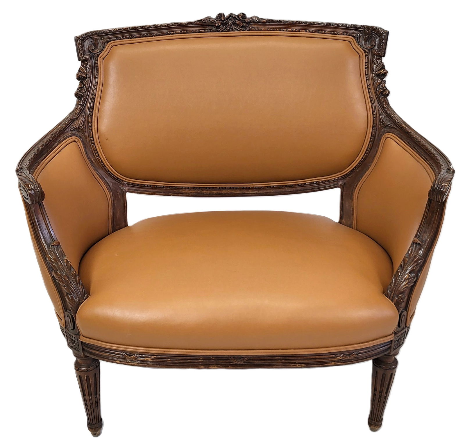 Louis XVI Faux Leather Upholstered Settee: Louis XVI faux leather upholstered settee, straight crest rail with floral center and floral ears, back, seat and arm closures upholstered in brown leather, stop fluted legs. [36" H x 38" W x 26" D].
