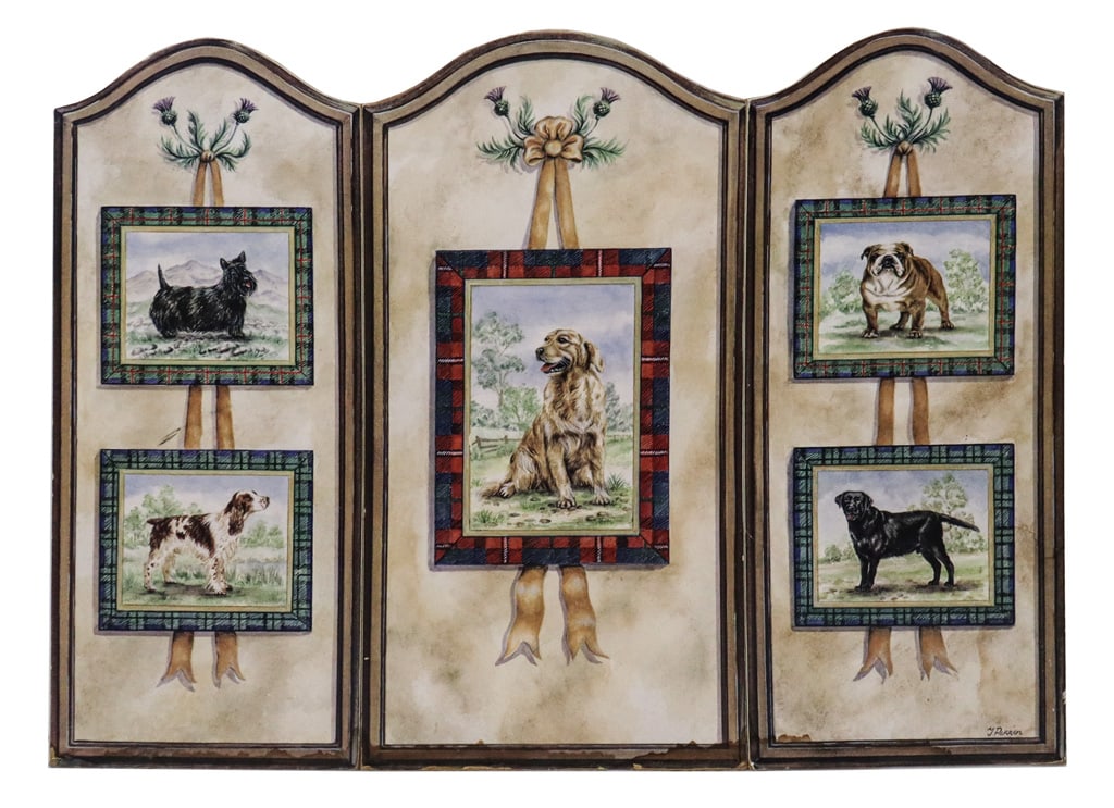 Decorated Three Panel Table Screen: Decorated low 3 panel table or low floor screen, three arched top panels decorated with pictures of dogs, after J. Perren. [31" H x 42.5" total width]. Water damage along bottom.