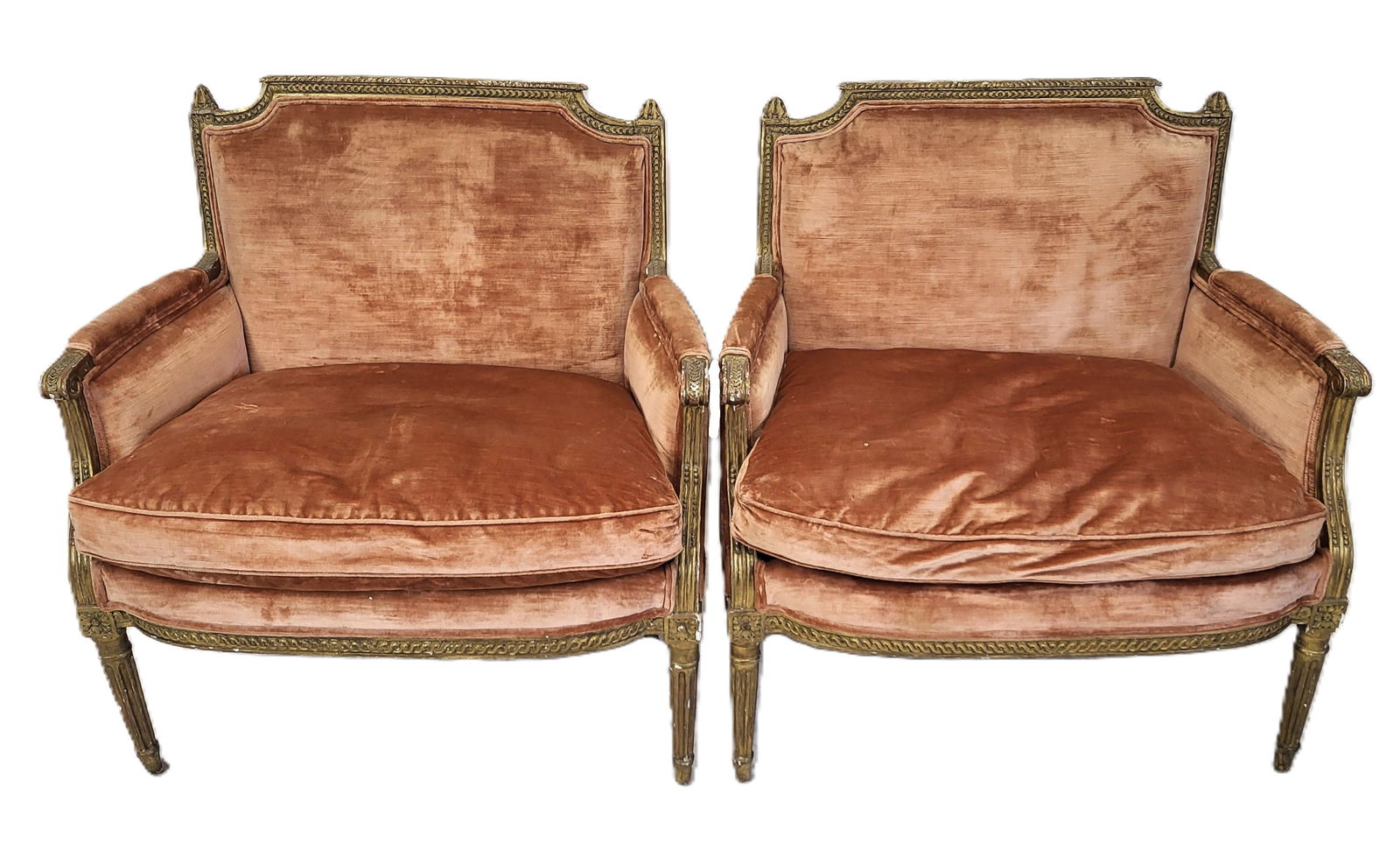 Pair Louis XVI Small Settees/Marquise: Pair Louis XVI Small settees/marquise, Gilt straight back and gadroon and scale carvings with finial ears, over pink crushed velvet upholstery, pad and curl end arms, scaled skirt over tapered and flu