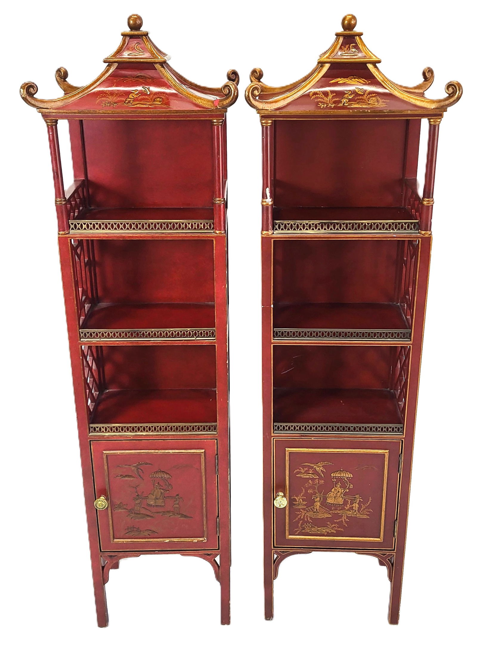 Asian Pagoda Form Tall Etageres - Pair: Pair Asian Pagoda form tall etageres, in red lacquer, 3 tiers and base door. [57" H x 15" x 11"]. Left front and back curls on both broken and repaired, chips to paint.