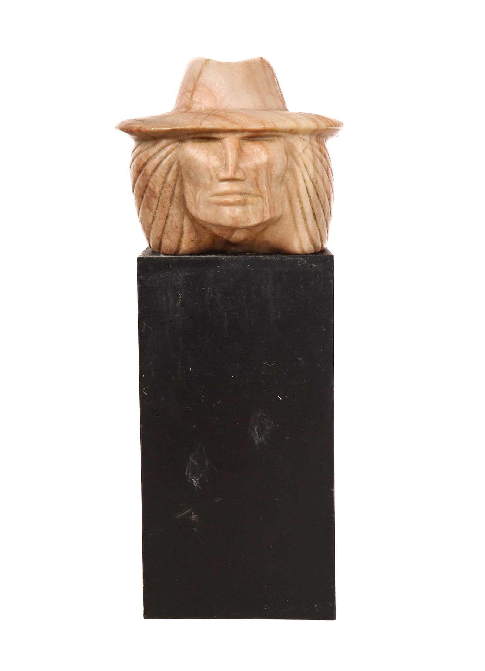 Daniel PRESSLEY Carved Alabaster Sculpture: Daniel Pressley (American, 1918-1971) carved pink alabaster sculpture of a figure in a hat, signed Pressley and titled illegibly below signature, accompanied by a black painted stand. [Sculpture, less