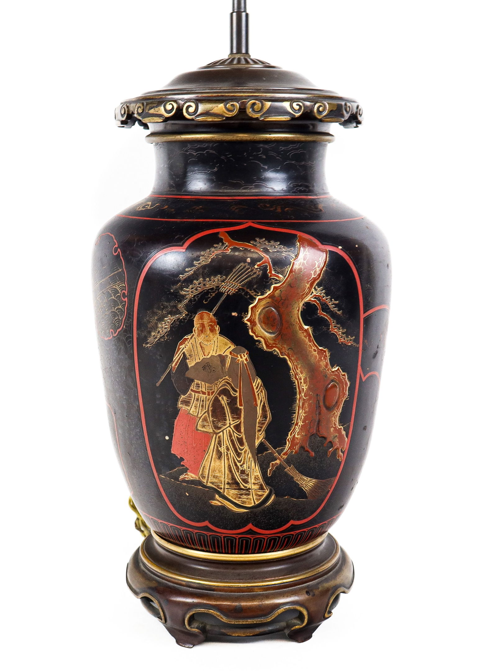 Japanese Vase as a Lamp: Japanese decorated vase, 19th century, later mounted as a lamp with, bronze mounts to upper and lower. [To lip: 15" H x 7.25" Diameter]. Condition is good with fading and a scratch to one side,