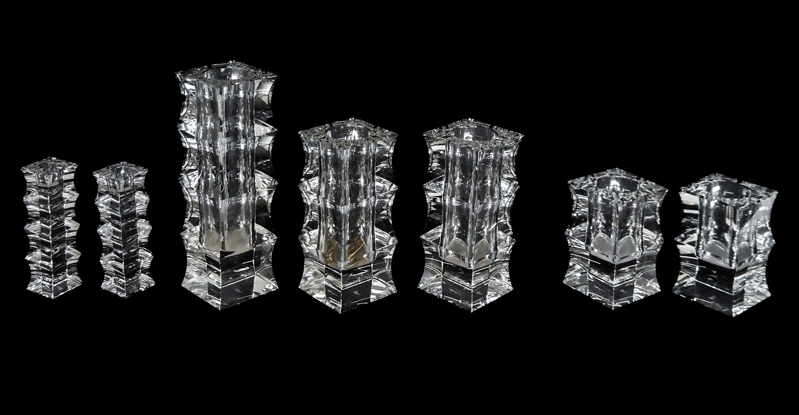 Oleg Cassini Collection of Bamboo Crystal Items, 6: Oleg Cassini collection of assorted bamboo inspired crystal tablewares, comprising 5 piece large candle garnitures, and pair of candlesticks, marked. [Tallest: 12.75" H x 4" Square]. Overall