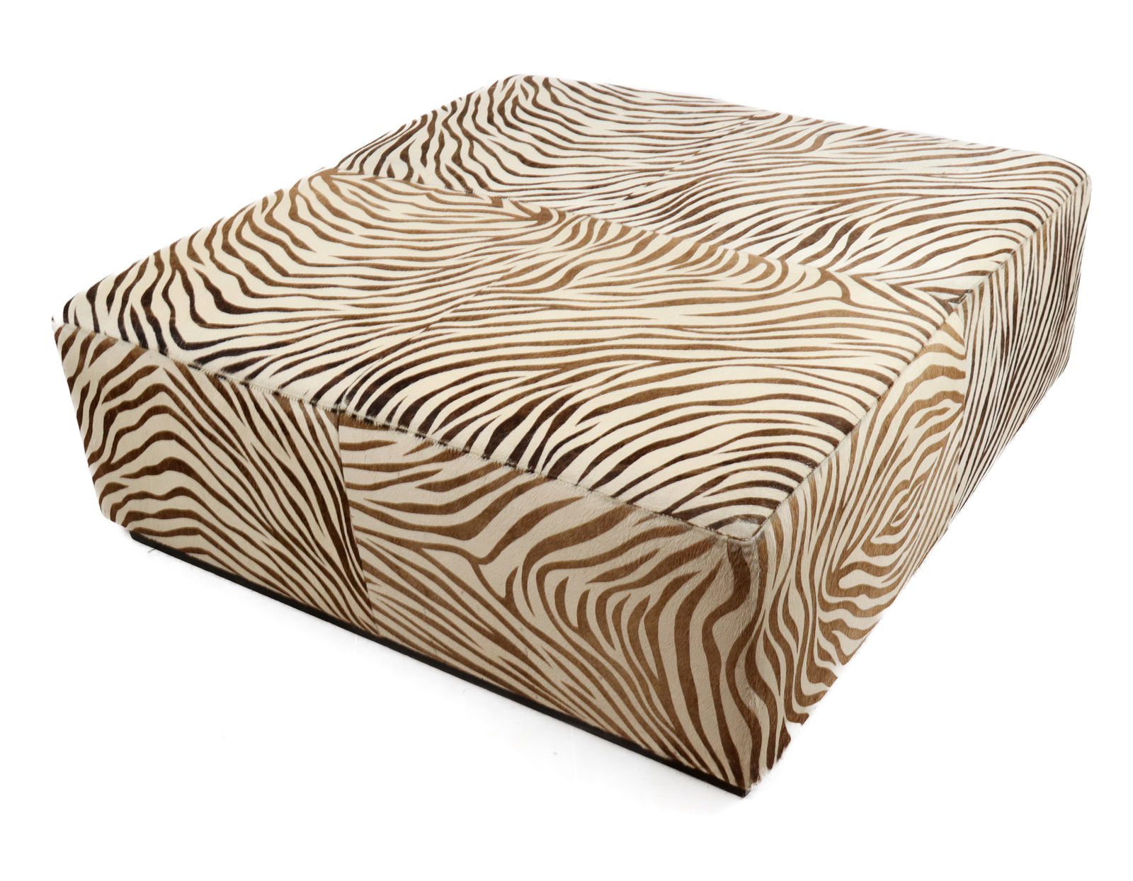 Palatial Zebra Printed Horse Hair Ottoman: Palatial zebra printed horse hair ottoman, 21st century, with a wood base. [17.5" H x 48" Square]. Condition is good with some fading and fraying to edge.
