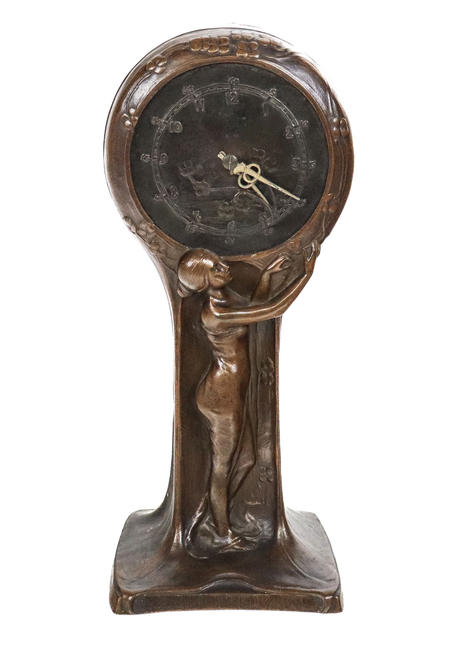 Peter TERESZCZUK Bronze Figural Jugendstil Clock: Peter Tereszczuk (Austria, 1875-1963) bronze Jugendstil clock, circa 1900, with a figure holding a floral decorated case and dial, signed P. Tereszczuk to lower reverse, with repair notes to lower and