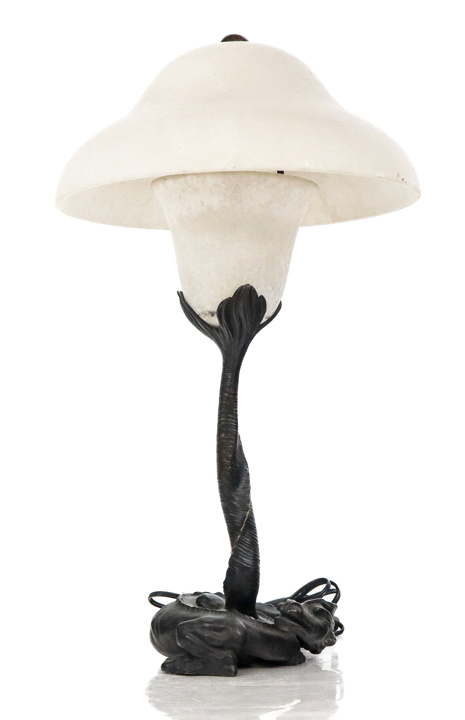 Albert CHEURET Bronze Art Nouveau Dragon Form Lamp: Albert Cheuret (France, 1884-1966) bronze table lamp in the form of a dragon, circa 1920, with a marble shade to upper and stand and stem in the form of a recumbent dragon, signed Albert Cheuret to ba