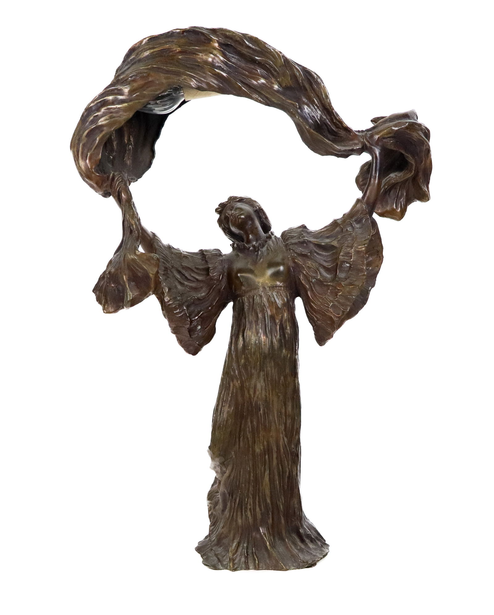 After Agathon LEONARD Bronze Art Nouveau Lamp: After Agathon Leonard aka Van Weydeveldt (France, 1841-1923), bronze Art Nouveau lamp in the figure of a dancer with a scarf, unsigned. [19" H x 12" W x 6" D]. Condition is good with some wear to pati