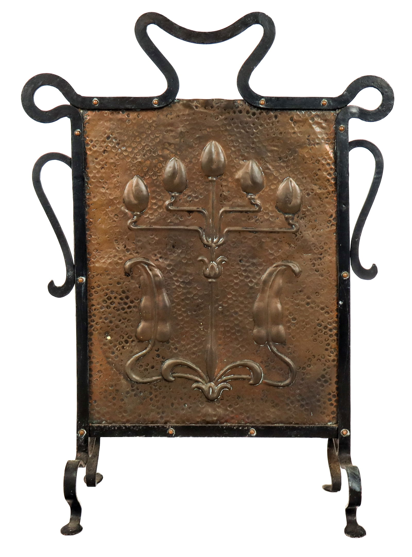 Arts & Crafts Iron and Hammered Copper Fire Screen: Arts and Crafts iron and hammered copper fire screen, circa 1900, with a wrought iron frame and floral decorated center. [30" H x 20.5" W x 7.5" D]. Condition is good with some patina.