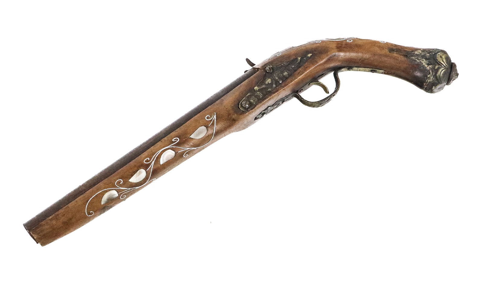 Mother of Pearl Inlaid Flintlock Pistol: Mother of pearl inlaid flintlock pistol, reproduction circa late 20th century, with brass accents. [7" H x 17" L x 2.25" D]. Condition is good with some splitting and simulated wear.