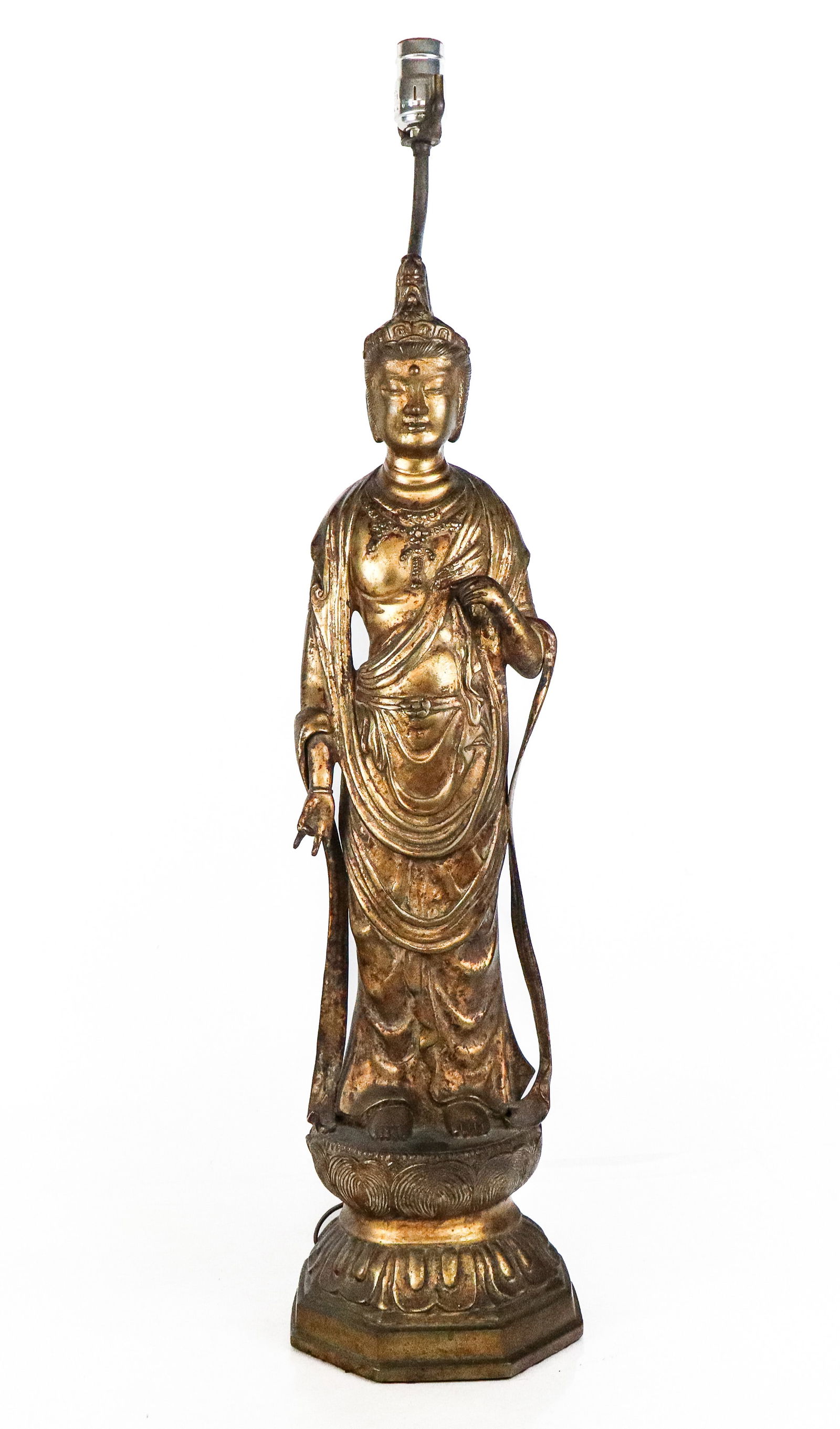 Gilt Bronze Buddha, Mounted as a Lamp: Gilt bronze sculpture of Buddha, Chinese, 19th century, later mounted as a lamp. [Buddha: 29" H x 8.25" Diameter]. Condition is good with some wear to finish; wiring untested.
