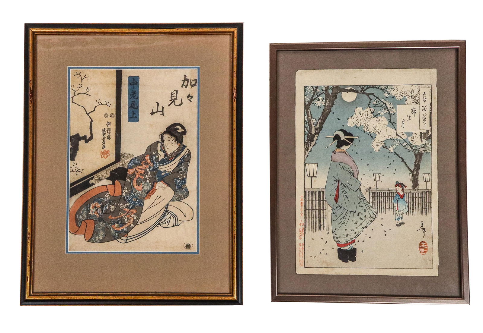 Japanese Ukiyo-E Woodblock Prints, 2: Two Japanese ukiyo-e woodblock prints comprising Tsukioka Yoshitoshi "Moon of the Pleasure Quarters," originally published 1886, and a woodblock print of a reclining figure by Utagawa Kuniyoshi, both