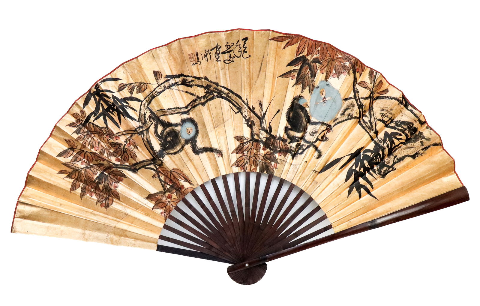 Large Asian Hand-Painted Gold Leaf Decorative Fan: Large Asian hand-painted gold leaf decorative fan, mid-20th century, having designs of monkeys and cherry blossoms. [Approximately: 35" H x 47" W]. Good condition, no issues seen.