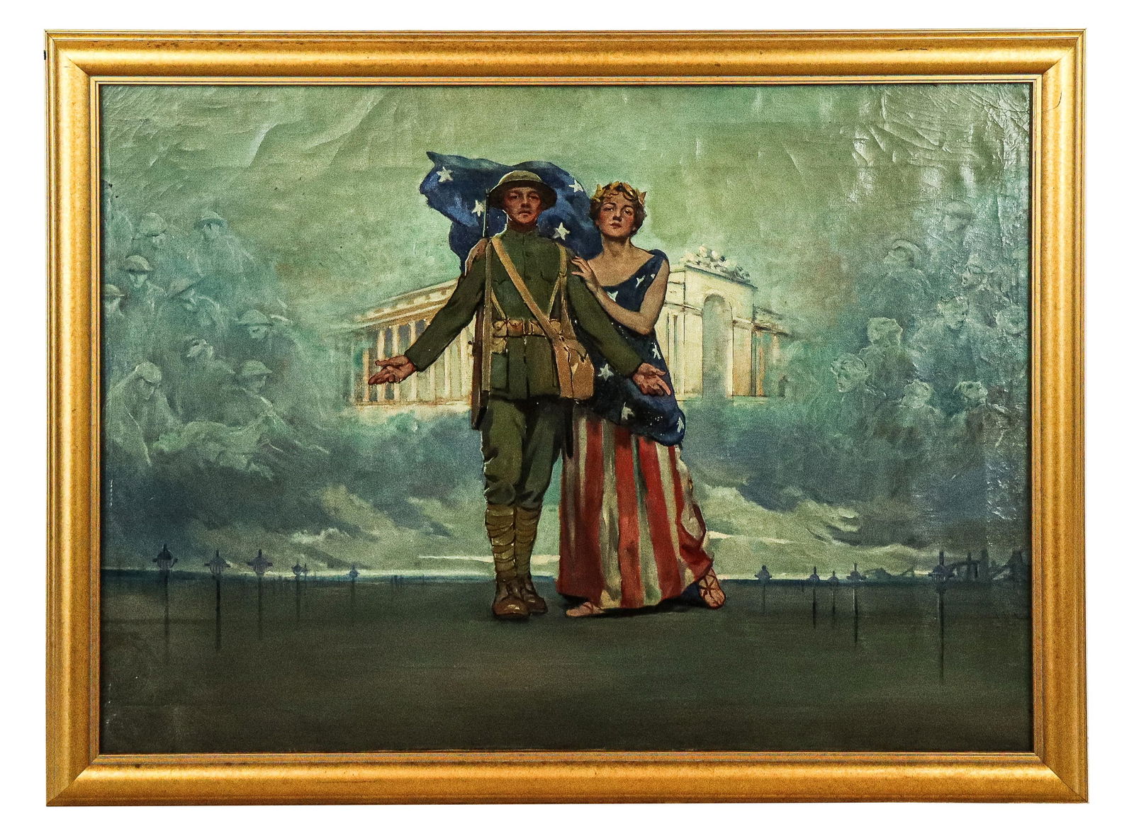 Samuel Johnson WOOLF Memorial/Victory O/C: Samuel Johnson Woolf (American, 1880-1964) oil on canvas memorial or victory painting, circa 1918, stretched over wood board, depicting World War I soldier with a woman wearing the American flag dress