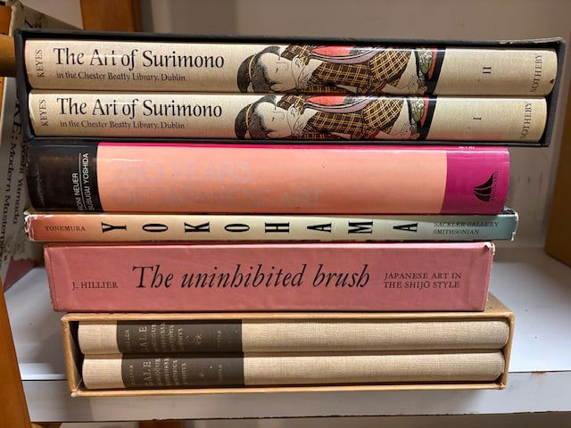 Books on Japanese Art (7): "The Art of Surimono" (2), "250 Years of Japanese Art", "Yokohama", "The uninhibited brush", "Gale Catalog" (2).