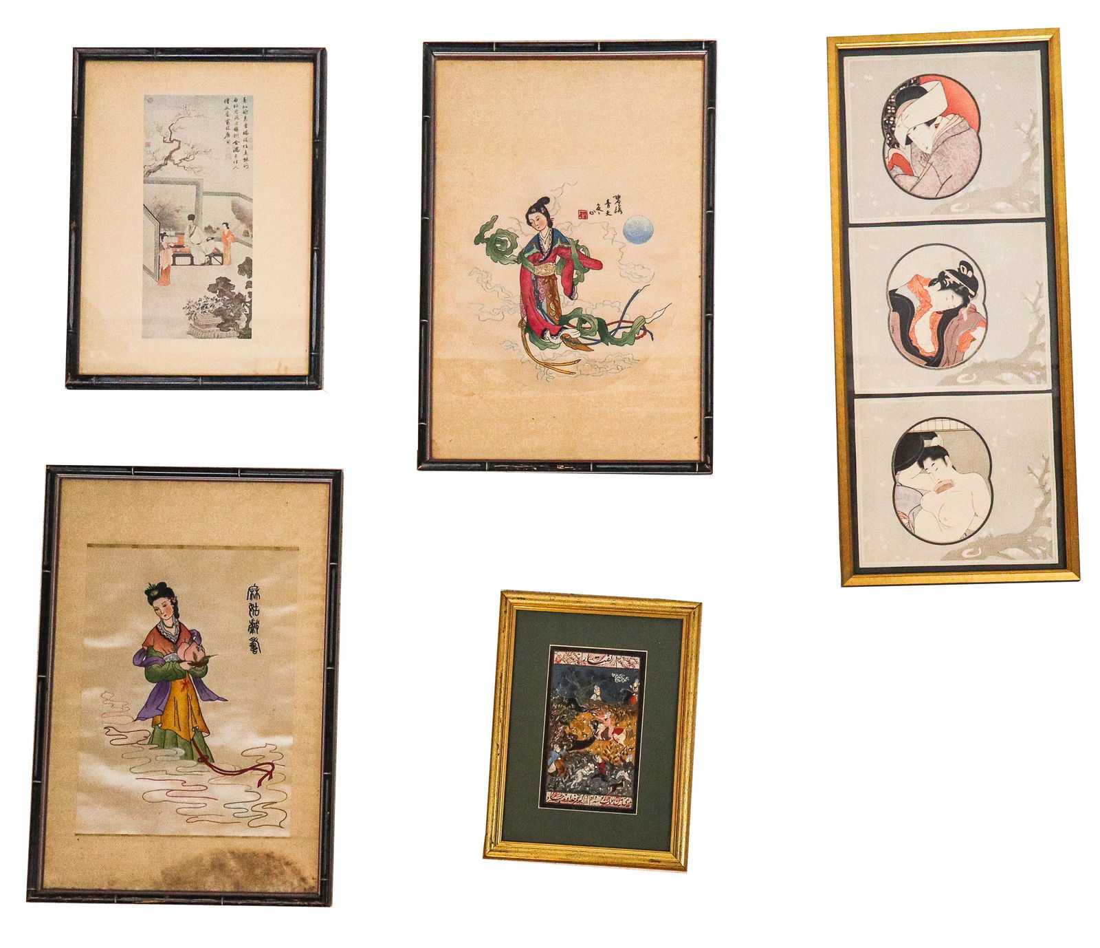 Group of Assorted Asian Paintings & Prints, 5: Group of five Asian paintings, comprising an Indian painting on paper of a battle; a series of 3 Japanese prints of Ladies; a picture of a garden scene, and a pair of embroideries. [Largest: 30" H x 1