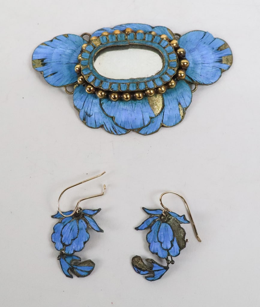 Antique King Fisher Feathered Pendant & Earrings,3: Antique king fisher feathered mirrored pendant and earring set, on gilt metal, unsigned. [Pendant: 1.75" H x 3" W]. Overall condition is fair, with losses.