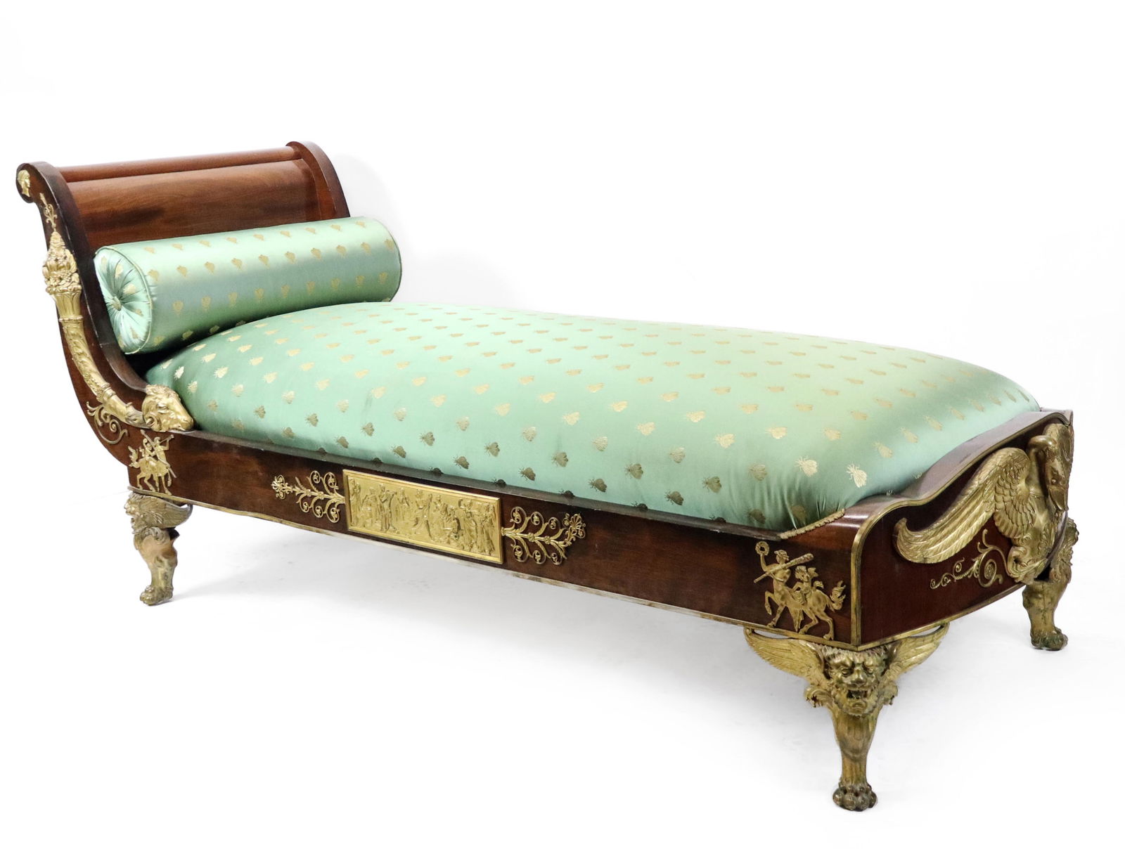 French Empire Mahogany & Gilt Bronze Recamier: French Empire mahogany, gilt bronze and upholstered recamier, French, first half of the 19th century, the green upholstery bearing Napoleon's emblem of the bee, the gracefully shaped outline, elaborat