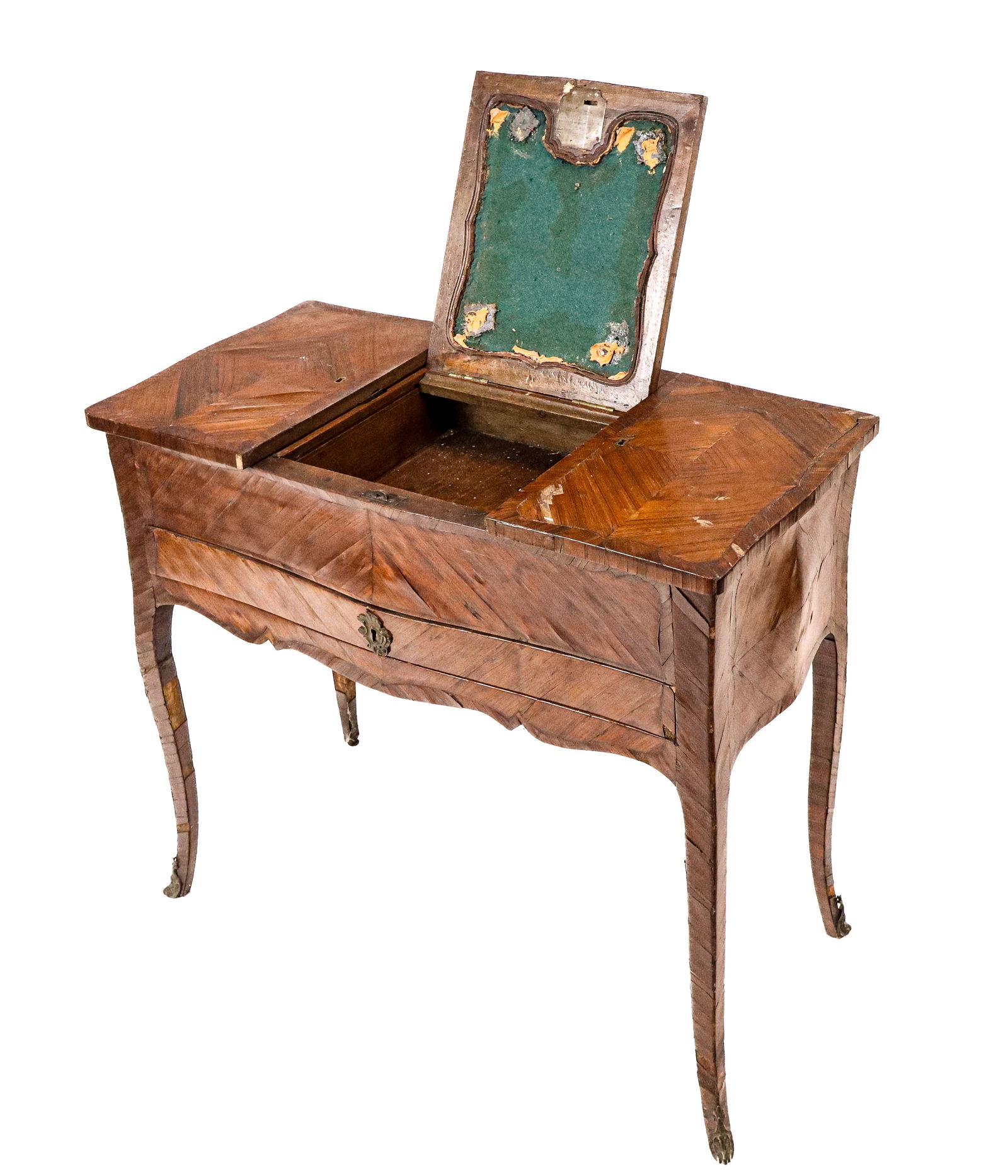 Antique French Poudreuse: Antique French poudreuse, dressing table with center flip top and side hinged flip outward showing compartments, center lower drawer with all over inlays and legs ending in bronze mounts. [28" H x 32"