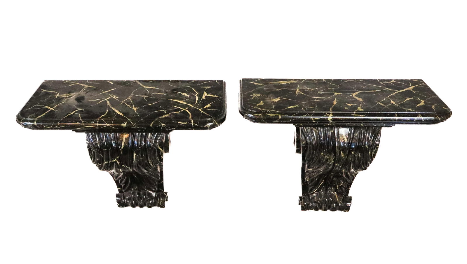 Faux Marble Bracket Appliques, Pair: Pair of faux marble bracket appliques, 20th century, with scrolled supports. [20" H x 24" W x 12.5" D]. Condition is good with some minor surface wear.