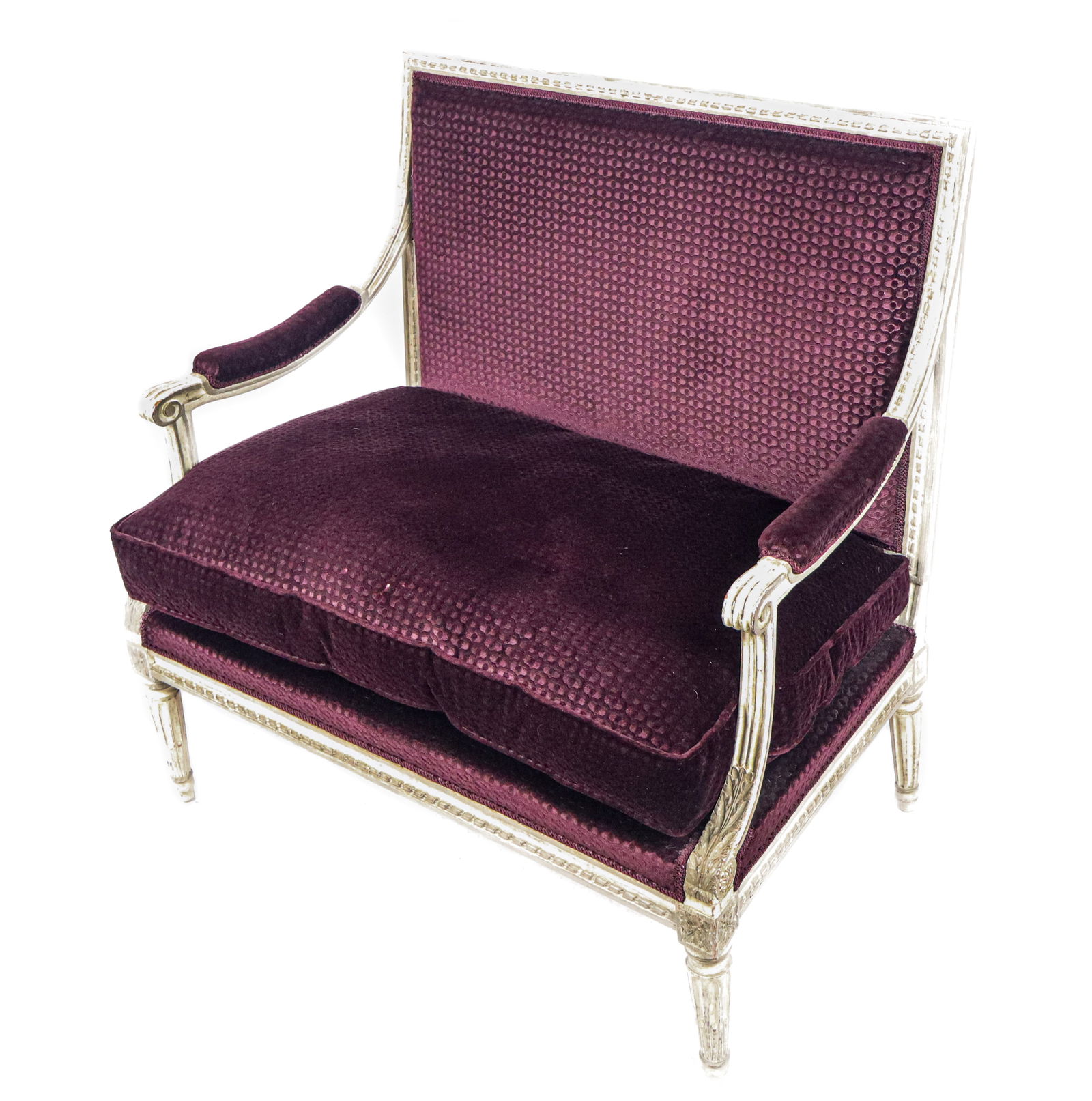 Louis XVI Carved and Upholstered Chair and a Half: Louis XVI carved and upholstered chair and a half, 20th century, with carved and scrolled arms and a down-filled seat. [34" H x 36" W x 24" D; seat height: 19"]. Condition is good with some minor wear