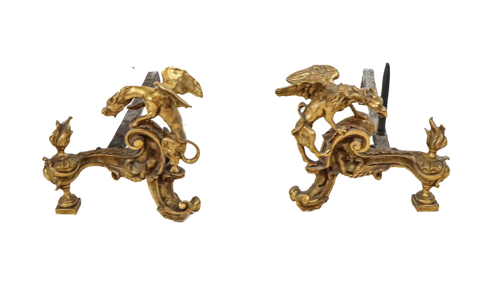 Pair of Louis XV Gilt Bronze Chenets with Griffins: Pair of Louis XV gilt bronze chenets, 19th century, with griffins and flame decoration. [Less log holders: 10.5" H x 12" W x 4" D; with log holders: 22" D]. Condition to each is good with some patina,