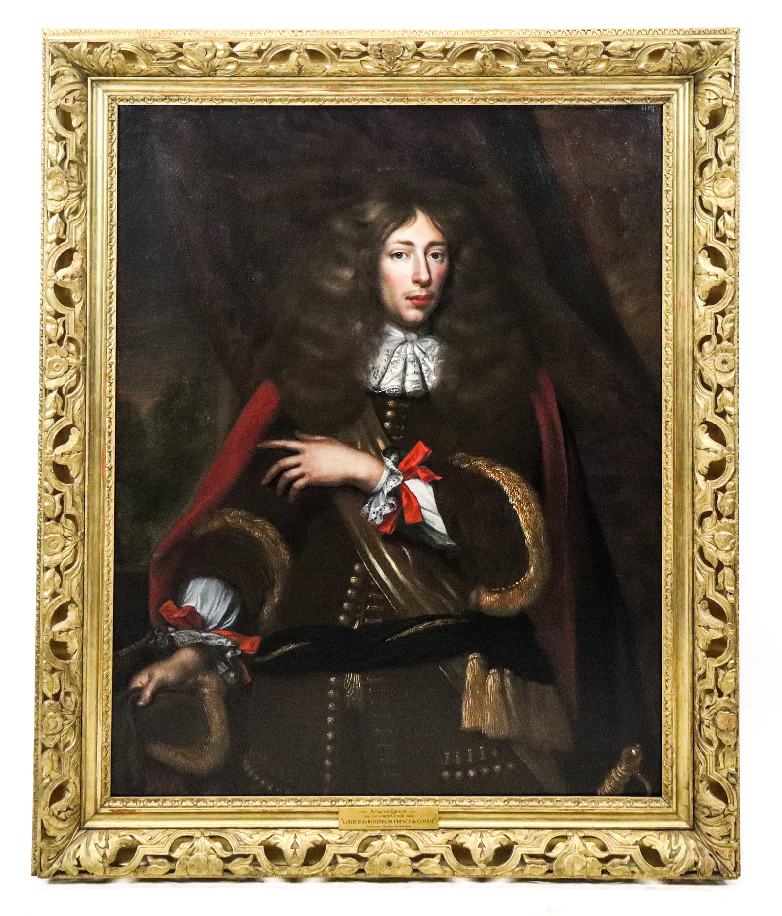 Justus van EGMONT Oil on Canvas: Justus van Egmont (1601 - 1674) - Oil on canvas, Portrait of "Louis II de Bourbon, Prince de Conde" man in regal garb with lace ascot and robe, with sword lower right. Unsigned. With plaque noting Le
