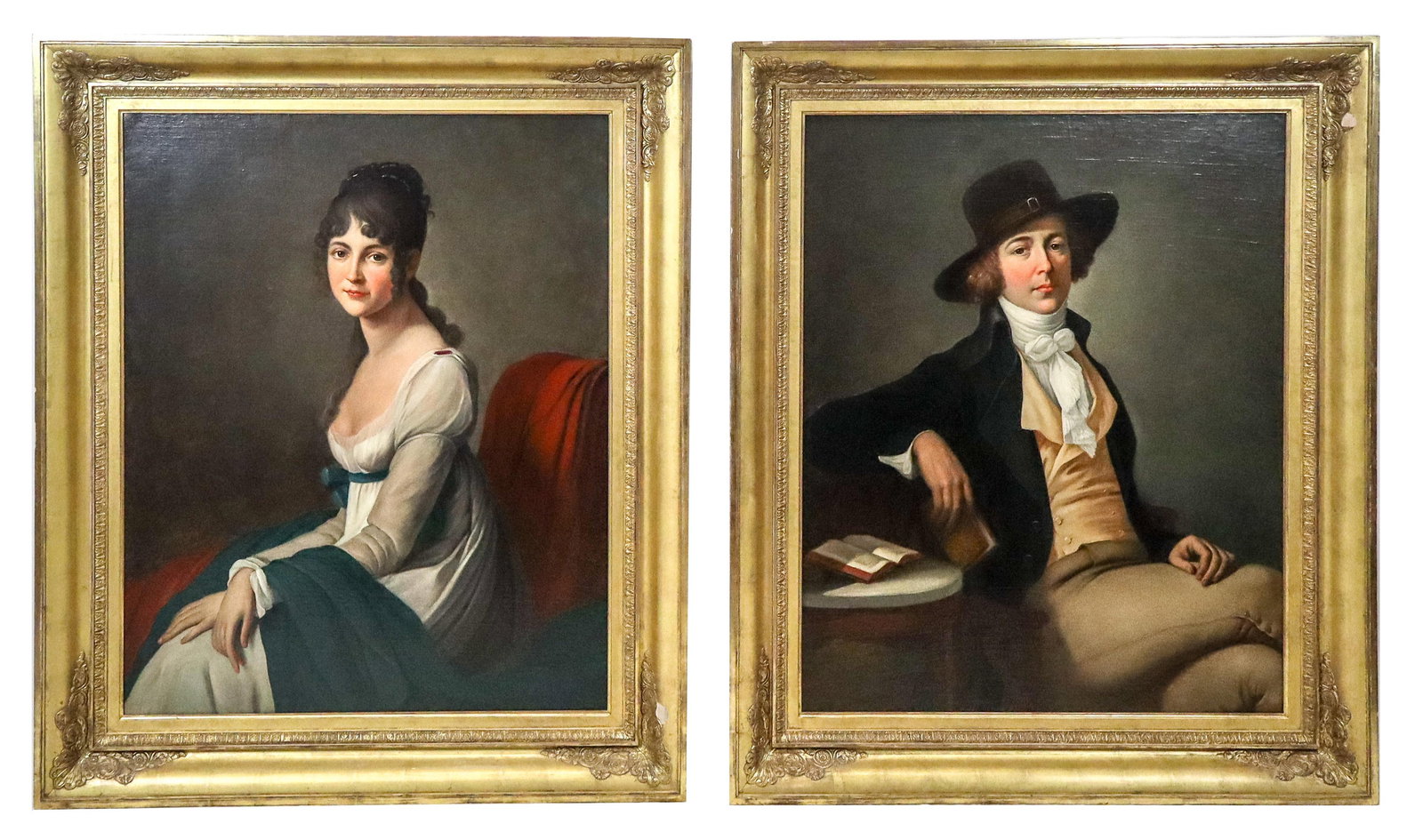 French School - Pair Oils on Canvas - Portraits: French school, Pair of Portraits on canvas mounted on Masonite boards, Man and Woman. Woman in a white dress and green robe on a chair with red drapes, the man with a belted hat, ascot and yellow vest
