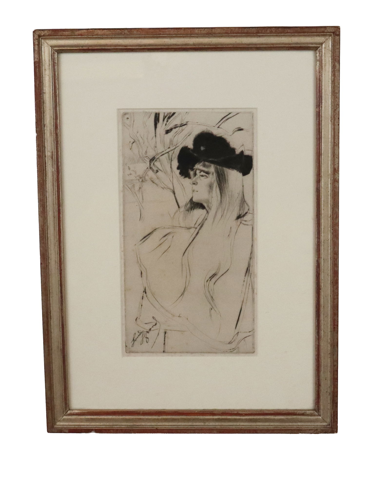 Louis LEGRAND Art Nouveau Aquatint Etching: Louis Legrand (French, 1863-1951) Art Nouveau aquatint etching of a woman with trees, signed Louis Legrand, in a frame. [Framed: 16.25" H x 11.75" W]. Condition is good.