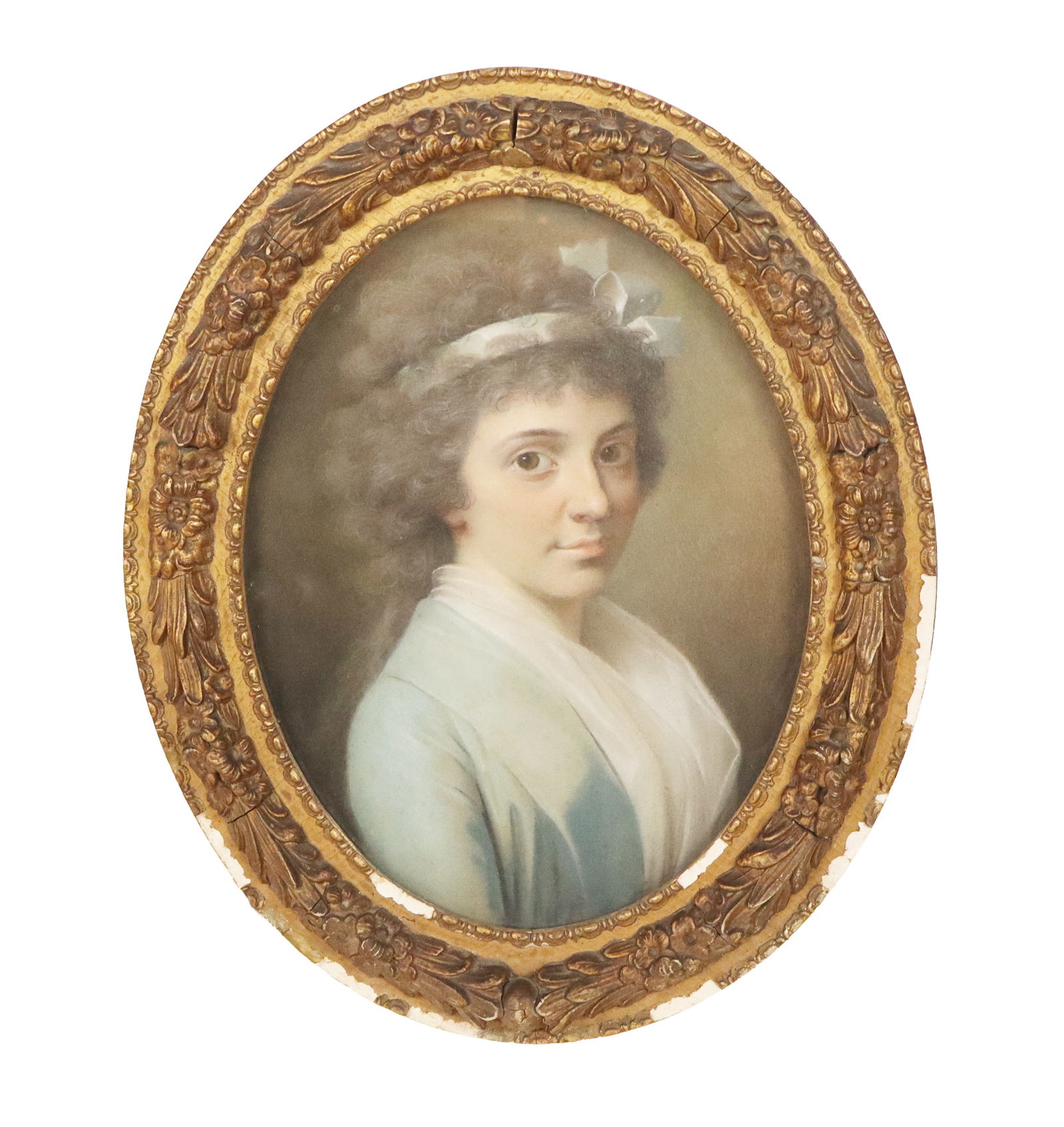 John RUSSELL Manner Oil Pastel Portrait: Oil pastel portrait in the manner of John Russell (England, 1745-1806) in a carved and gilt wood frame, 19th century, apparently unsigned. [Framed: 17" H x 14" W]. Condition is good with some waving a