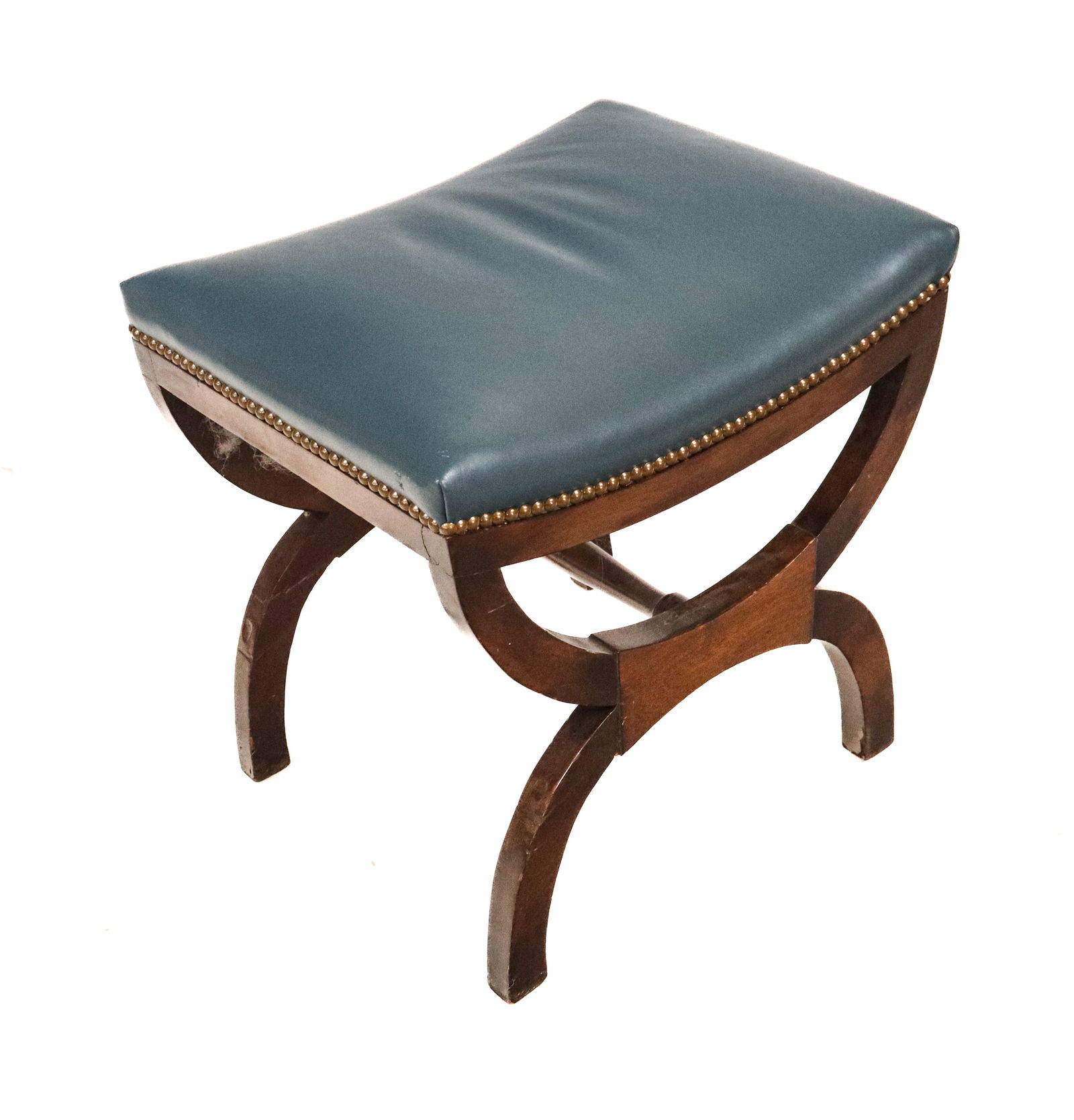 Two Leather Upholstered Cerule Stools: Two cerule stools, 20th century,comprising a blue leather upholstered cerule stool, with a mahogany base and brass tacks and another with green faux leather upholstery. [Blue leather stool: 18" H x 18