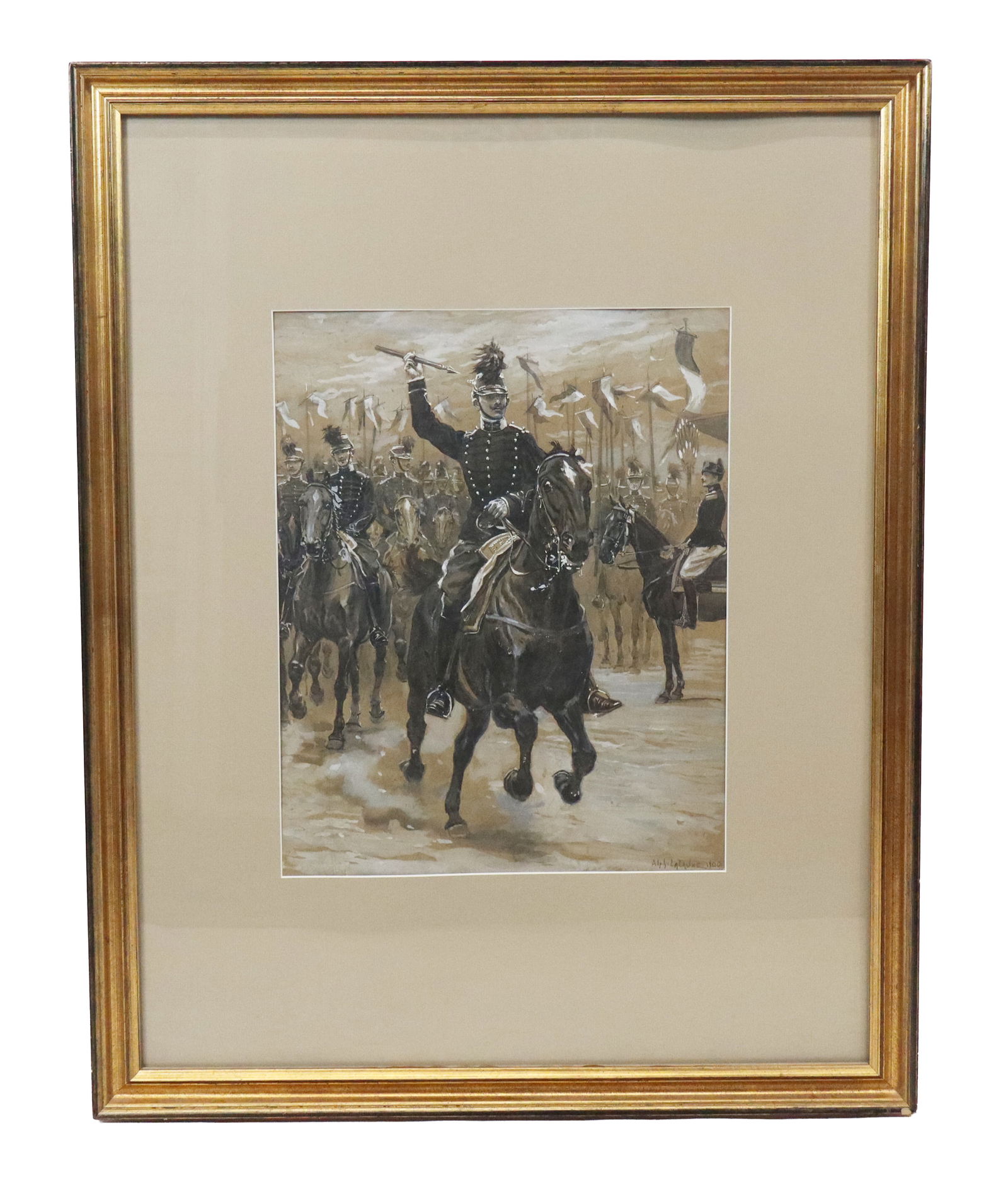 Alphonse LALAUZE Watercolor Military Scene: Alphonse Lalauze (France, 1872 - 1936) watercolor of a German General on horseback leading an army, 1900, possibly Willhelm II, signed lower right, Alph. Lalauze, with the date. [Matted 17" x 13", fra