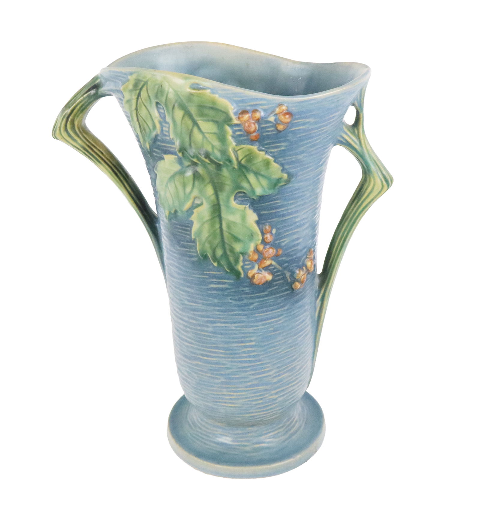 Roseville Bushberry Two-Handled Vase: Roseville two-handled porcelain vase, circa 1940, in Bushberry pattern, marked Roseville USA to base and 38-12". [12.25" H x 9.5" W x 5" D]. Condition is good.