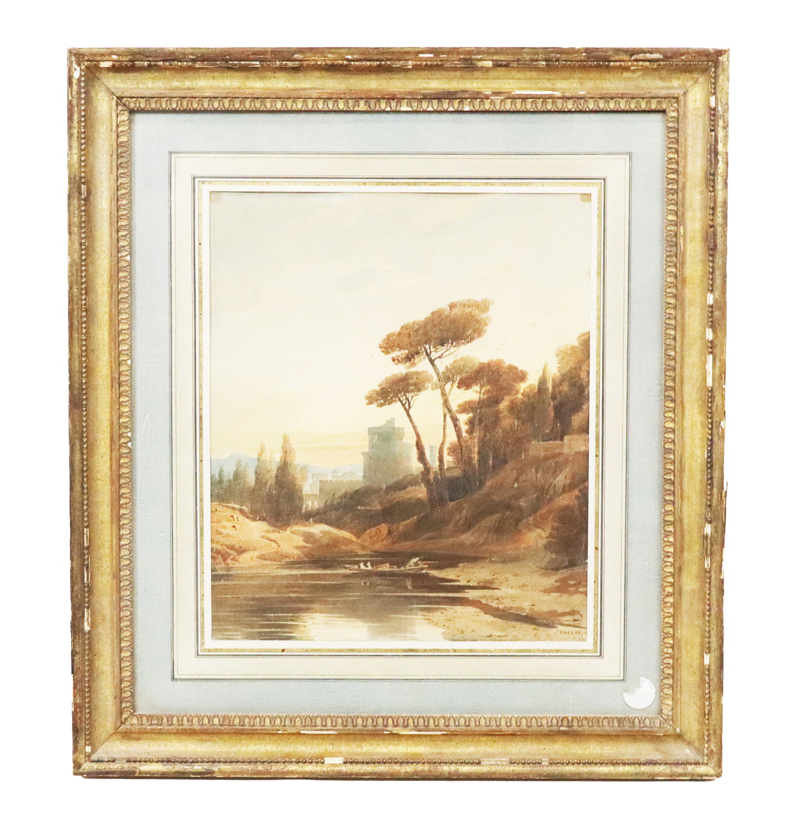 John VARLEY "Mountainous Landscape..." Watercolor: John Varley (British 1778 - 1842), Watercolor "Mountainous Landscape with Lake", depicting an English landscape with trees by a castle, and men in a boat on a lake. Label on back from Davis Galleries,